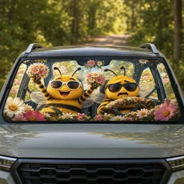 Whimsical Fuzzy Honeybee Duo With Daisies For Cheerful Road Trip Decor And Bee Lovers Car Sunshade
