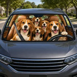 Five Beagle Dogs In Warm Leather Road Trip Cabin For Dog Lovers And Pet Parents Gift Car Sunshade