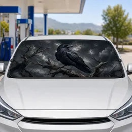 Realistic Black Raven On Weathered Branch Gothic Storm Clouds For Dark Cabin Style Car Sunshade
