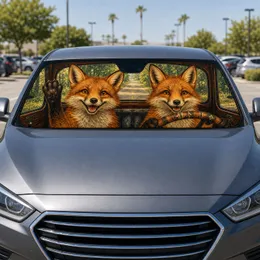 Smiling Foxes Driving Vintage Cabin Cozy Road Trip Decor For Animal Lovers And Campers Car Sunshade
