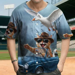 Ginger Tabby Cat Driving Vintage Car in Rain with Geese - Animal Lover Gift for Cat Owners Baseball Jersey
