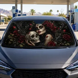 Sugar Skull Girl With Red Roses Gothic Dia De Los Muertos Floral Auto Decor Accessory Car Sunshade