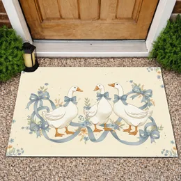 White Geese Blue Bow Floral Ribbons - Farmhouse Home Decor Gift for Goose Lover Doormat