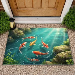 Vibrant Orange Koi Fish Pond Moss Rocks Aquatic Foliage - Home Decor Gift Doormat