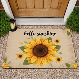 Hello Sunshine Script Sunflower Green Leaves Rustic Burlap - Farmhouse Home Decor Gift Doormat
