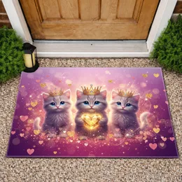 Three Kittens Golden Crowns Sparkling Hearts - Home Decor Gift for Cat Lovers Doormat