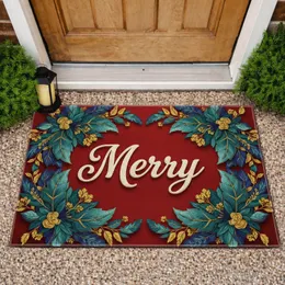 Cream Merry Gold Berry Teal Foliage Floral - Christmas Holiday Gift Home Decor Doormat