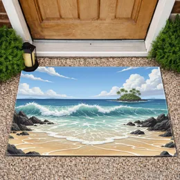 Ocean Waves Sandy Beach Volcanic Rocks Palm Trees - Home Decor Gift for Beach Lovers Doormat