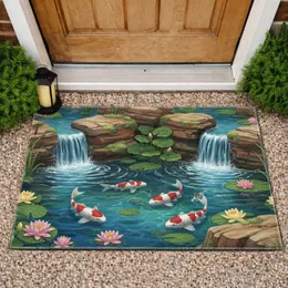White Red Koi Fish Waterfall Pond Water Lily Aquatic Plant Natural Rocks - Home Decor Gift Doormat