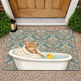 Winking Ginger Cat Bathtub Duck Floral - Home Decor Gift for Cat Lover Doormat