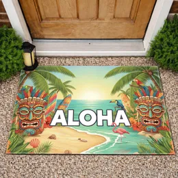 ALOHA Tribal Tiki Masks Tropical Beach Jungle Palm Trees Flamingos Home Decor Gift Doormat
