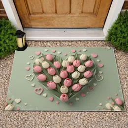 Heart Tulip Bouquet Pink White Sage Green - Spring Home Decor Gift Doormat