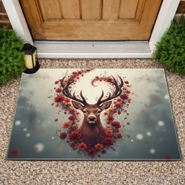 Deer Bust Antlers with Red Orange Cosmos Floral Crown - Wildlife Lover Home Decor Gift Doormat