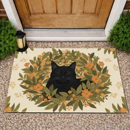 Black Cat Resting Leaves Berries Blossoms Floral Accents - Home Decor Gift for Cat Lover Doormat