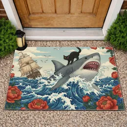 Shark Black Cat Ocean Ship Peony Flowers - Adventure Home Decor Gift for Adventure Lover Doormat
