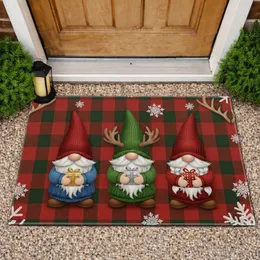 Three Gnomes Holding Gifts Buffalo Plaid Snowflakes Antlers - Christmas Home Decor Doormat