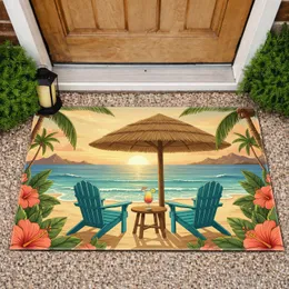 Teal Adirondack Chairs Tiki Umbrella Beach Sunset - Home Decor Gift for Tropical Lover Doormat