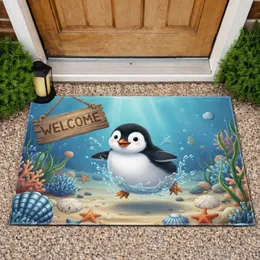 Baby Penguin Ocean Welcome Sign Seashells Starfish - Coastal Home Decor Gift Doormat