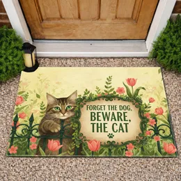 Tabby Cat Beware Sign Ornate Fence - Home Decor Gift for Cat Lover Doormat