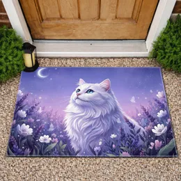 Fluffy White Cat Twilight Floral Moon - Home Decor Gift for Cat Lover Doormat