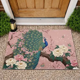 Peacock Cherry Blossom Peony Butterfly Gnarled Branch - Asian Home Decor Gift for Bird Lover Doormat
