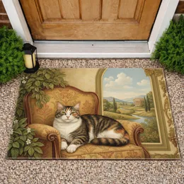 Reclining Calico Tabby Cat Ornate Armchair Pastoral View - Cat Lover Home Decor Gift Doormat