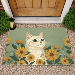 Light Cream Cat Yellow Daisy Flowers Green Botanicals - Home Decor Gift for Cat Lover Doormat
