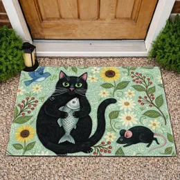 Black Cat Silver Fish Sunflowers Blue Bird - Home Decor Gift for Cat Lover Doormat