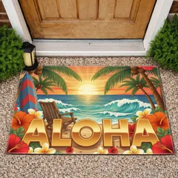 Aloha Surfboard Beach Chair Palm Trees Ocean Sunset - Tropical Home Decor Gift Doormat