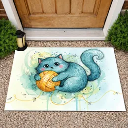 Blue Cat Yellow Yarn Ball Splashes - Home Decor Gift for Cat Lover Doormat