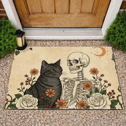 Dark Tabby Cat Human Skeleton Flowers Vines Moon Stars Aged Parchment - Home Decor Gift Doormat