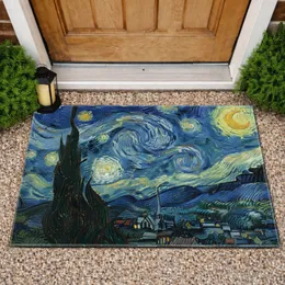 Starry Night Village Cypress Tree Moon Stars - Luminous Night Sky Home Decor Gift for Art Enthusiast Doormat