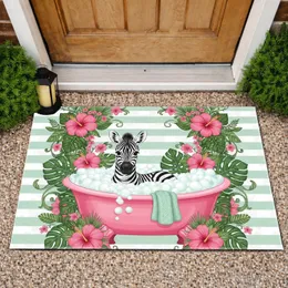 Cute Baby Zebra Bathtub Tropical Hibiscus Monstera Decor - Home Decor Gift for Animal Lover Doormat