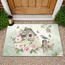 Rustic Birdhouse Nuthatch Bird Pink Flowers - Home Decor Gift for Wildlife Lover Doormat