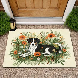 Black White Dog Wild Garden Poppies Daisies - Home Decor Gift for Dog Lover Doormat