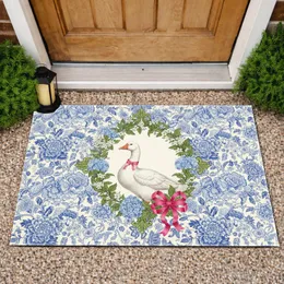 White Goose Pink Ribbon Blue Hydrangea Chinoiserie Floral Wreath Farmhouse Decor Gift Doormat