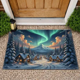 Winter Village Cabins Night Aurora Borealis Mountain - Winter Home Decor Gift Doormat