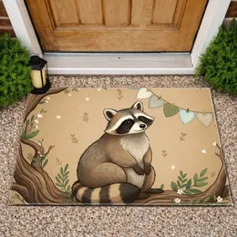 Raccoon Masked Face Bushy Tail Rustic Wood Branches - Wildlife Home Decor Gift for Animal Lover Doormat