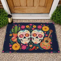 Sugar Skulls Cactus Maraca Chili Pepper Flowers - Dia de los Muertos Home Decor Gift Doormat
