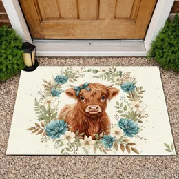 Baby Highland Cow Botanical Wreath - Farmhouse Decor Gift for Cow Lover Doormat