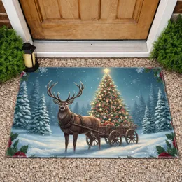 Antlered Deer Christmas Tree Snowy Winter Scene - Holiday Home Decor Gift Doormat