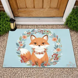 Fox Floral Wreath Red Berries White Flowers - Home Decor Gift for Fox Lovers Doormat