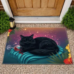 Sleepy Fluffy Black Cat Red Wine Tropical Flowers - Home Decor Gift for Cat Lover Doormat