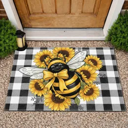 Bumblebee Sunflowers Buffalo Plaid - Farmhouse Decor Gift Doormat
