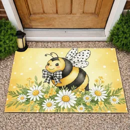 Bumblebee Gingham Bow Daisies Wildflowers - Farmhouse Home Decor for Garden Lover Doormat