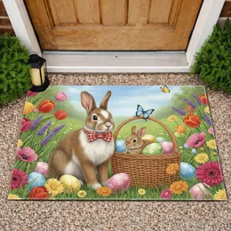 Easter Rabbit Baby Bunny Vibrant Easter Eggs Spring Garden - Easter Decor Doormat