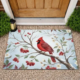 Red Cardinal Snow Branch Winter Berries Blossoms - Christmas Home Decor Gift for Bird Lover Doormat