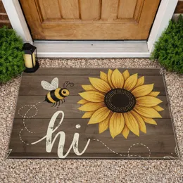 Rustic Wood Sunflower Bee 'Hi' Cursive Welcome - Farmhouse Home Decor Gift Doormat