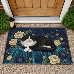 Black White Cat Golden Eye Peony Flowers - Home Decor Gift for Cat Lover Doormat