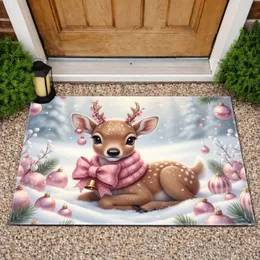 Baby Reindeer Snow Pink Baubles Christmas Holiday Gift Doormat
